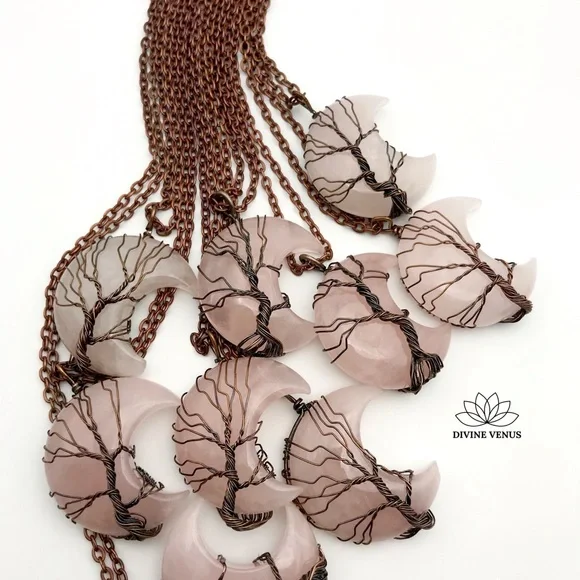 Rose Quartz - Wire Wrapped Moon Shaped Red Copper - Picture 4 of 8